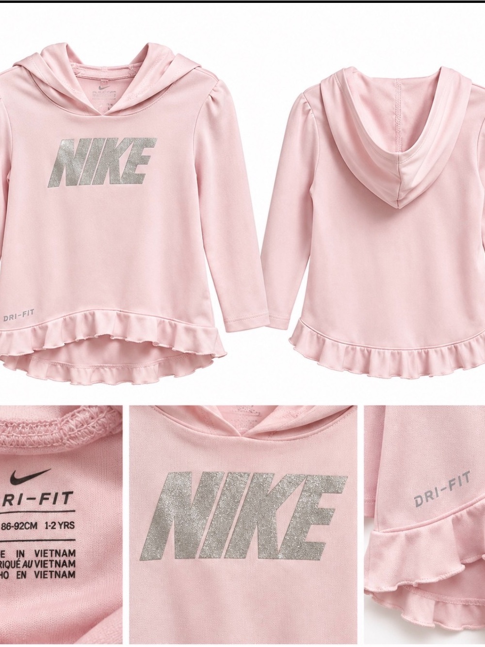 Nike Girls' Light Pink Hooded Ruffle Dri-FIT Top with Silver Logo